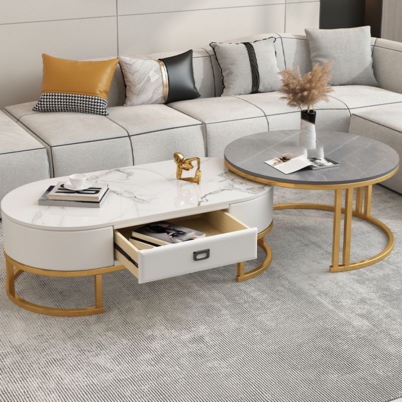 Glam Nesting Coffee Table Set Frame Round Slate Coffee Table with Drawer
