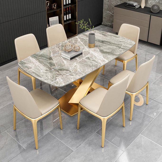 Gray Sintered Stone Dining Table Traditional Luxury Dining Table with Gold Frame