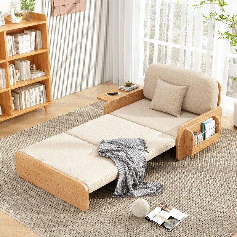 Contemporary Futon Sleeper Sofa Bed in Linen Blend and Solid Wood