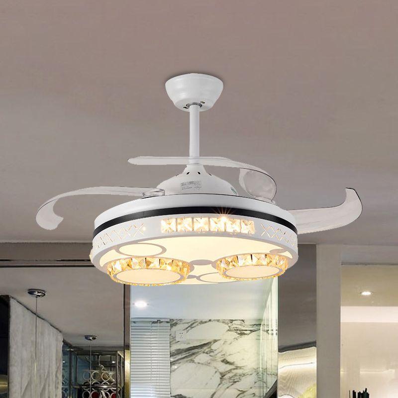 LED WHITE LED SEMI FLUSHMOUNT MODERNISTA Círculo de cristal 3 lámpara de ventilador de techo de cuchillas transparentes con cuatro anillos/patrón de nota musical, 42 "de ancho