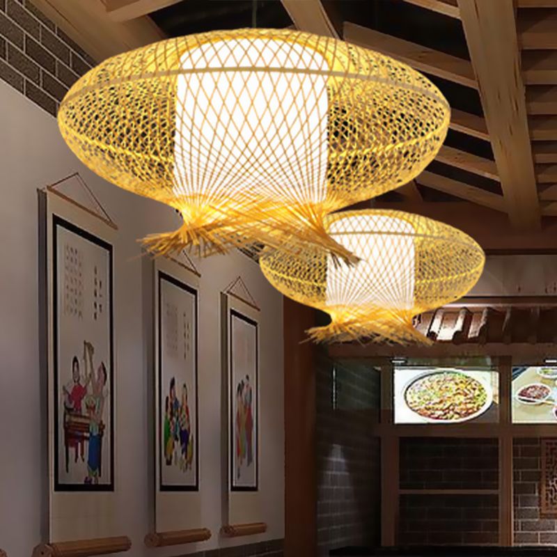 Oval Pendant Lamp Asia Bamboo 1 Bulb Khaki Ceiling Hanging Light with Inner Cylinder White Shade