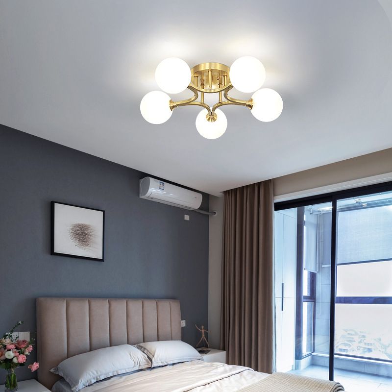 Sphere Bedroom Semi Flush Mount Light Glass Nordic Style Ceiling Light in Gold