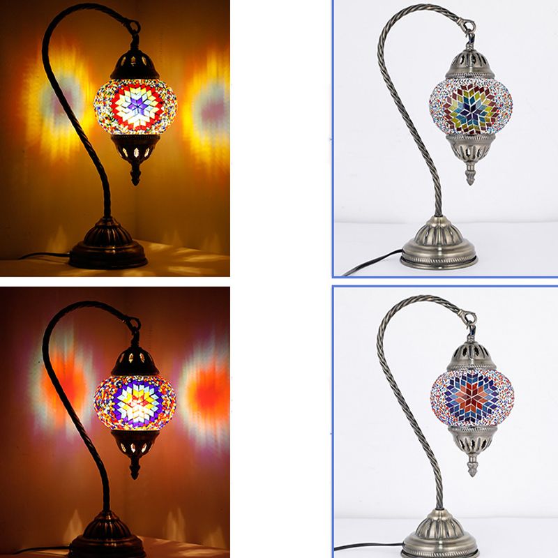 Asian Lantern Nightstand Light 1 Bulb Hand Cut Glass Night Lamp with Gooseneck Arm for Drawing Room