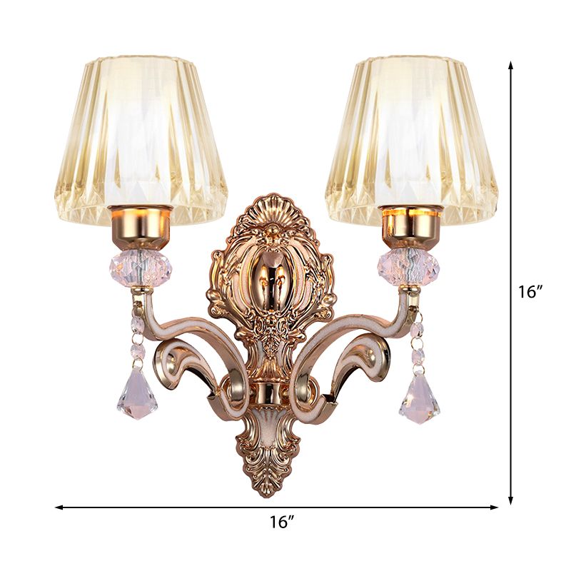 Lampada a parete cono Vintage Filish Metal 2 Luci Luce in ottone Sconce con tonalità in vetro trasparente e accento di cristallo