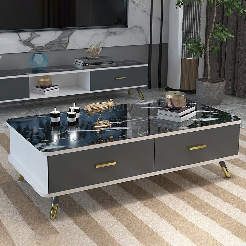 Contemporary Wooden Coffee Table with 4 Legs and 2 Storage Drawers