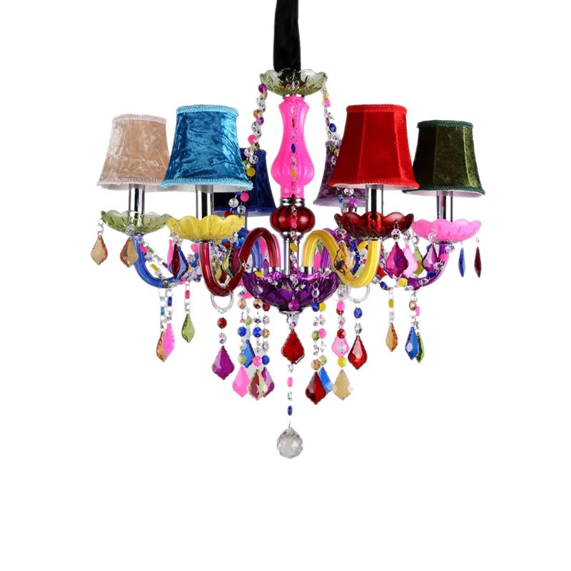 Multi-Colored Glass Chandelier with Crystal Bead 6 Lights Kids Hanging Pendant for Kindergarten