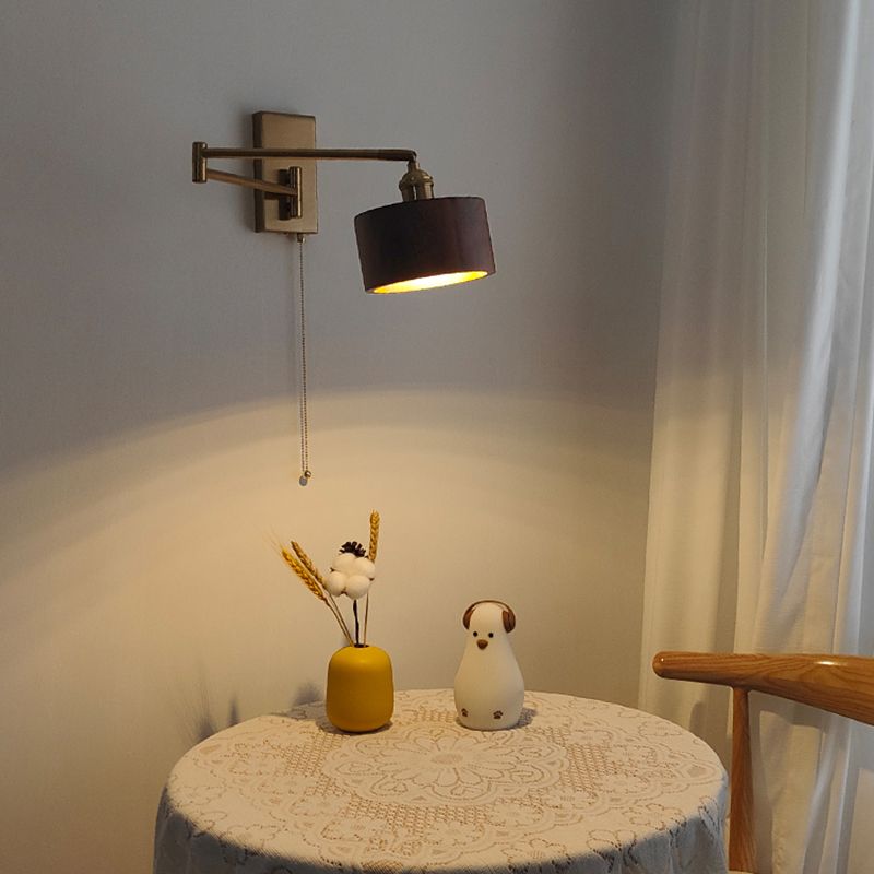 Wood Swing Arm Wall Lighting Modern Half Cylinder 1 Light Wall Light Fixture in Brown