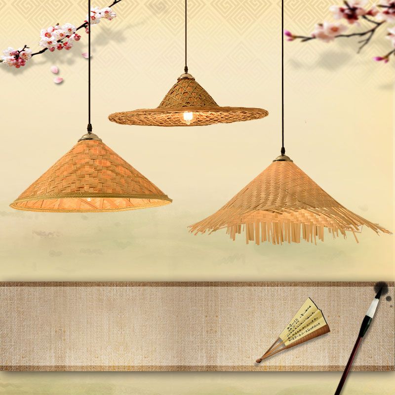 Hat Shape Pendant Light Contemporary Bamboo Single-Bulb Wood Suspension Light Fixture
