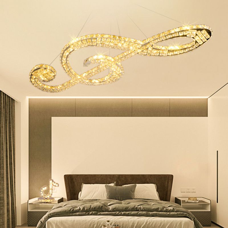 Faceted Crystal Music Note Hanging Light Contemporary Stainless-Steel LED Pendant Chandelier for Bedroom