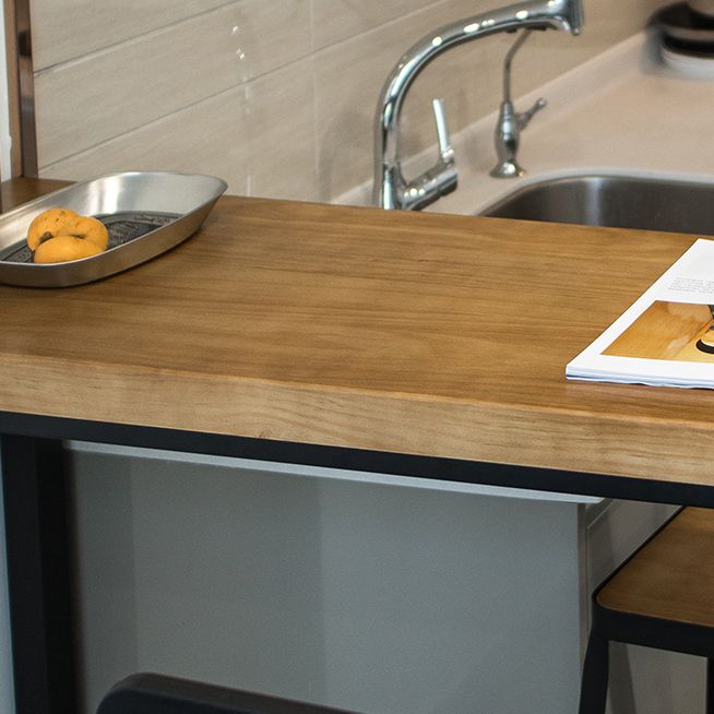 Modern Rectangle Bar Dining Table Wood Trestle Bar Height Pub Table with Iron Base