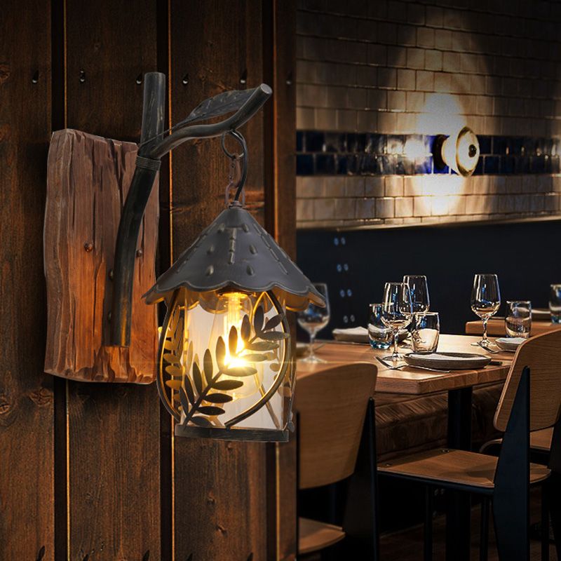 One Bulb Wall Light with Cylindrical Shade Clear Glass Industrial Living Room Sconce with Leaf Branch in Black