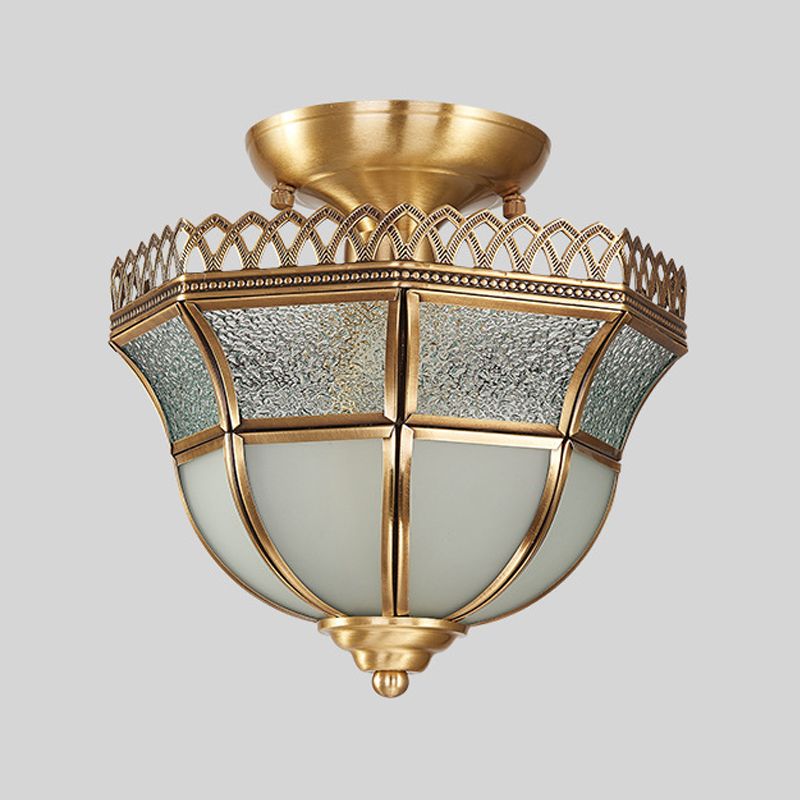 Schoolhouse Aisle Close to Ceiling Lighting Vintage Glass Brass Semi Flush Light
