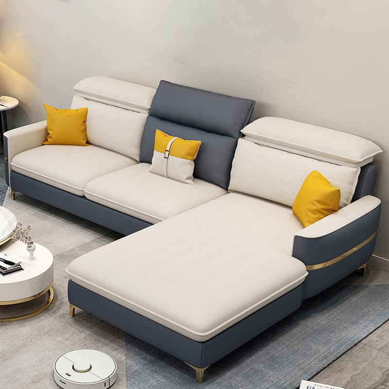 Glam Sectional Sofa Beige Leather Sectional with Bostol Pillows