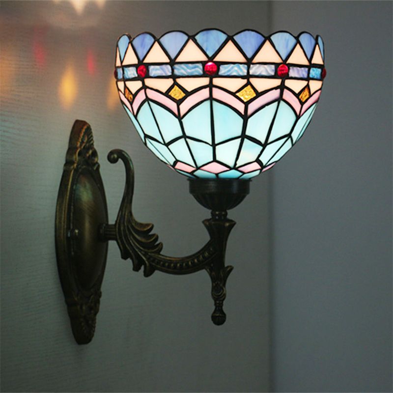 1-Light Bedroom Wall Sconce Mediterranean Bronze Wall Light Fixture with Bowl Blue Glass Shade