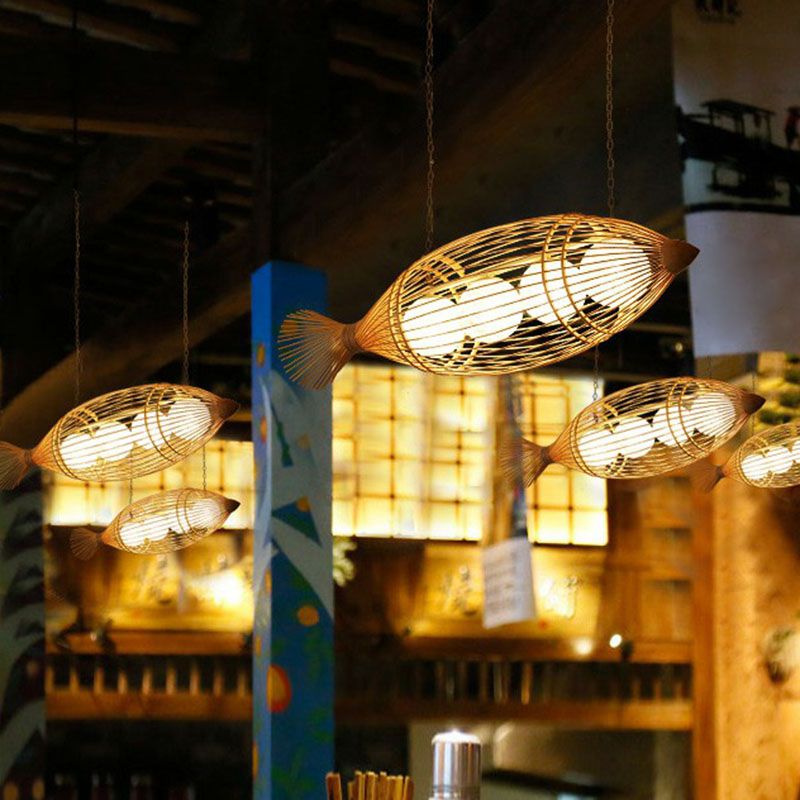 Bamboo Fish Shaped Ceiling Lighting South-east Asia 3 Bulbs Chandelier Light Fixture
