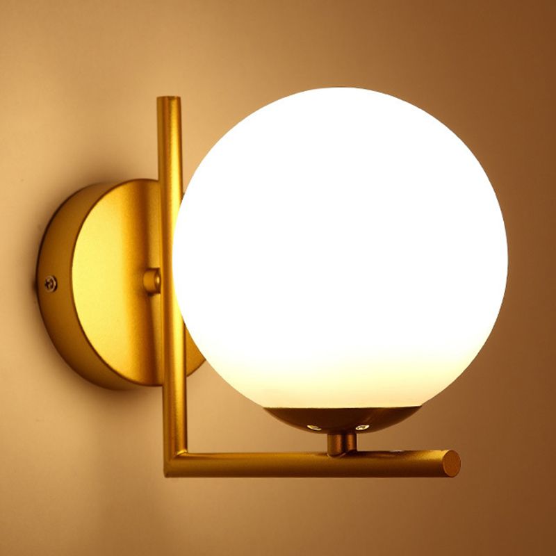Modern Concise Globe Wall Sconce Wrought Iron Wall Lamp with White Glass Shade