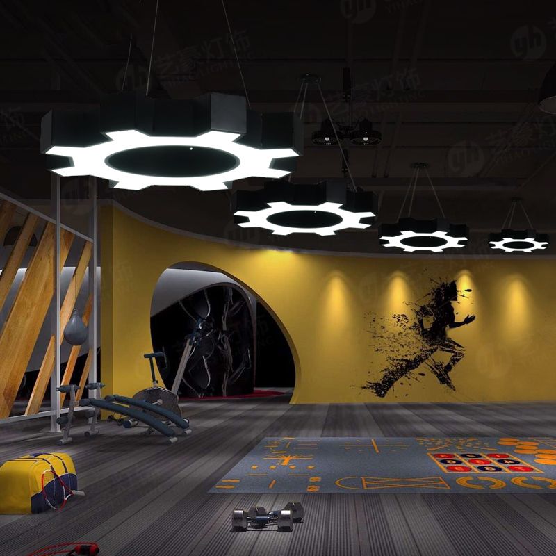 23.5"/31.5" Wide Gear Shape Pendant Lamp Contemporary Metal Led White/Black Hanging Ceiling Light for Gym in White/Warm Light