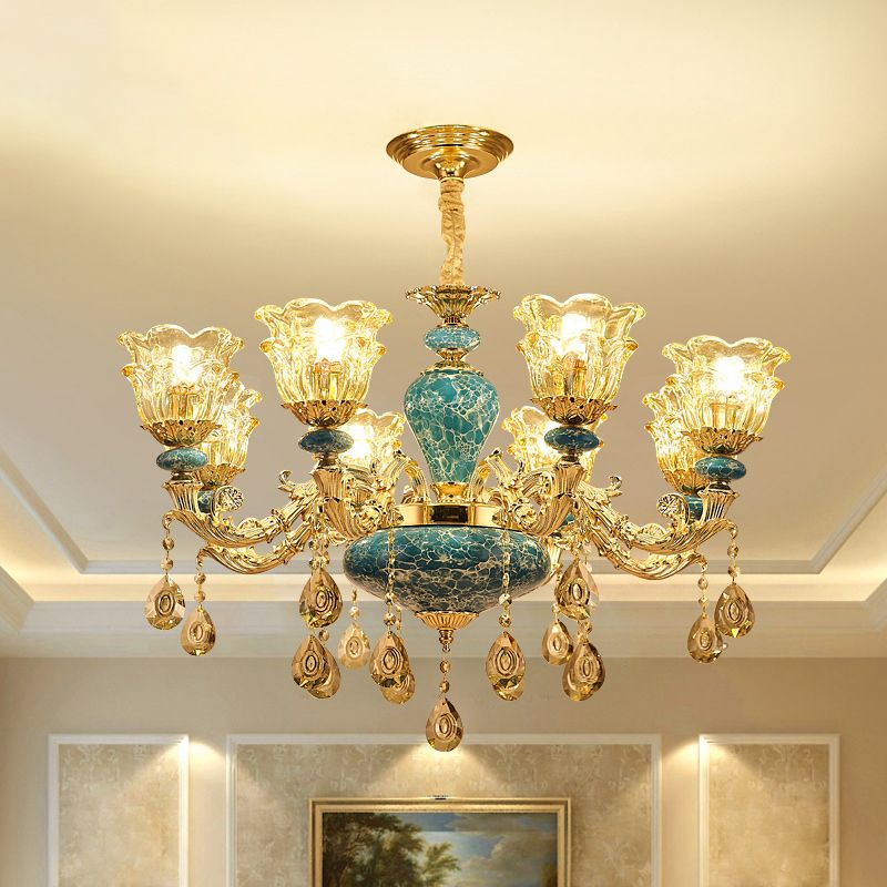 Flared Ruffle Glass Chandelier Pendant Light Vintage Living Room Hanging Light with Hanging Crystal in Gold