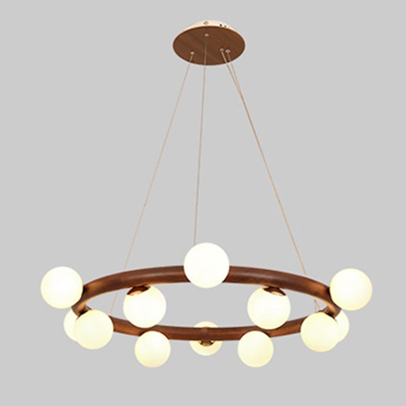 Moderno lampadario a legna a soffitto circolare creativo con tonalità di vetro bianco