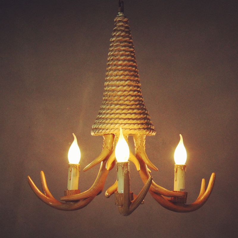 Beige Elk Shaped Chandelier Lamp Traditional Metal and Rope 3/5 Lights Living Room Hanging Light