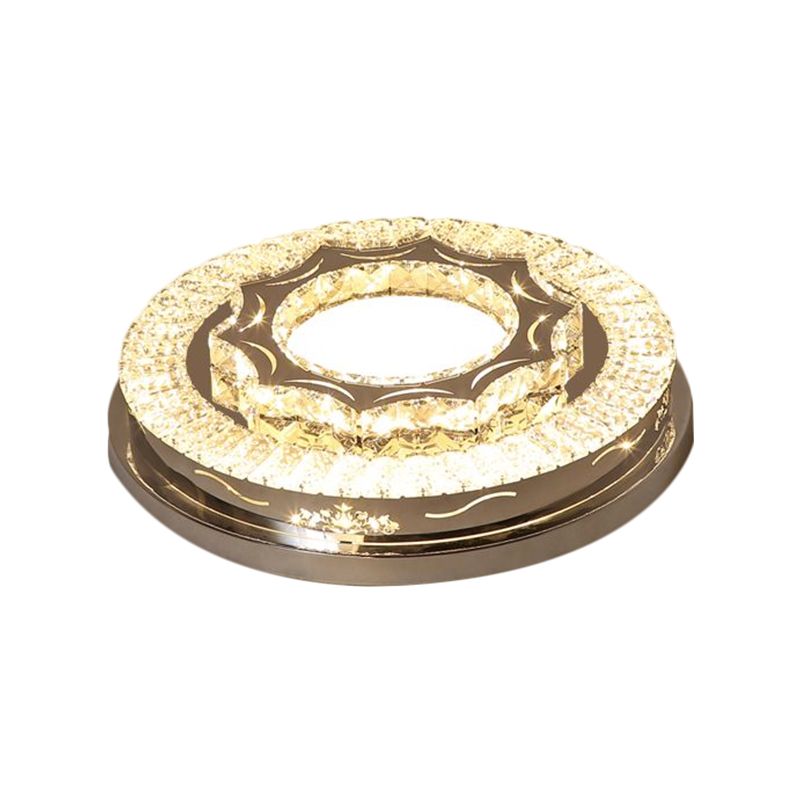 Rectangle-Cut Crystal Round Flushmount Modernist LED Chrome Close to Ceiling Lamp in Warm/White Light