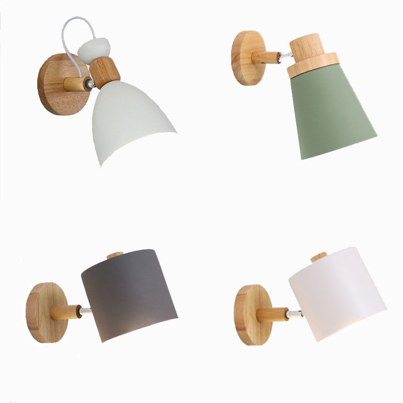 Lámpara de pared de pared de macarrón creativo moderno Luz de pared geométrica de madera con sombra de hierro forjado