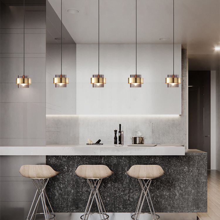 Fumo Cilíndrico gris Pedante Luz hacia abajo Luz de colgante de techo mini Luz en sombra de vidrio