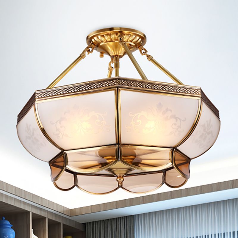 3/4 Bulbs Dome Ceiling Light Fixture Colonial Brass Satin Opal Glass Semi Flush Mount Lighting for Living Room, 14"/18" Dia