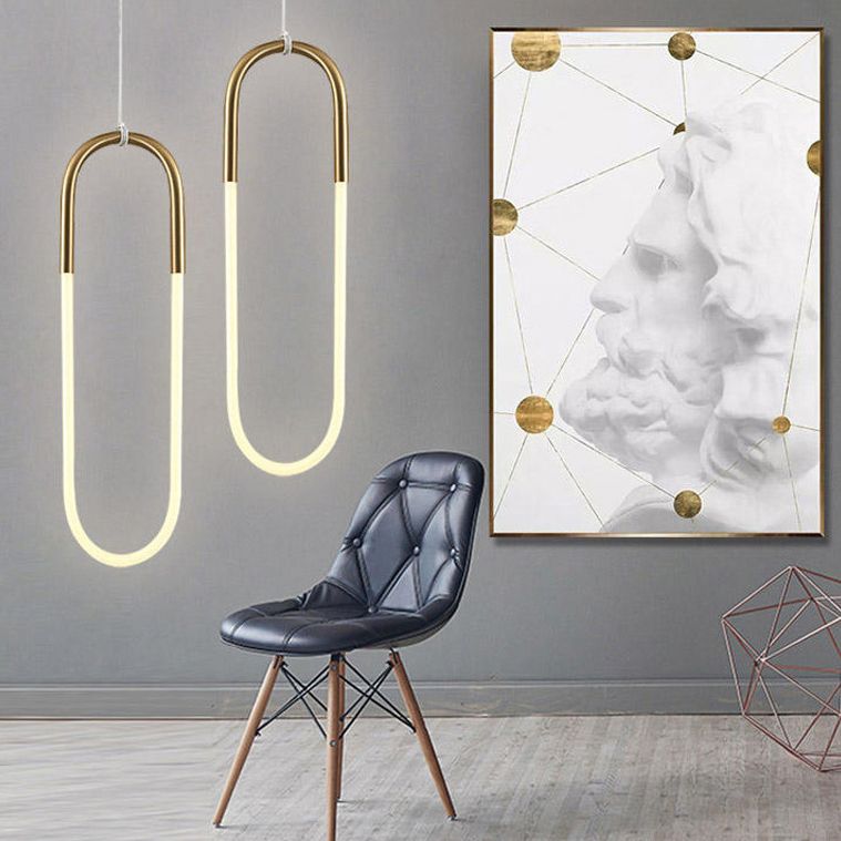 Metal Oblong Hanging Light Fixture Minimalist Style LED Gold Pendant Light Fixture