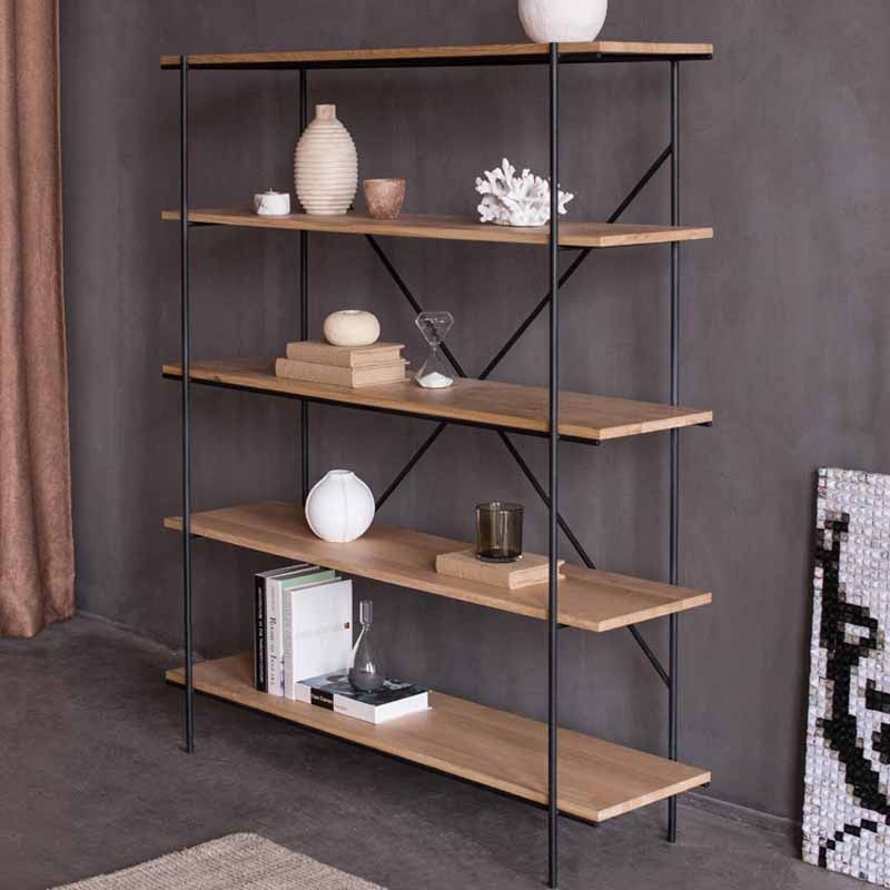 Industriële open etagere boekenplank van 5 plank met ijzeren frame dennenhoutplank