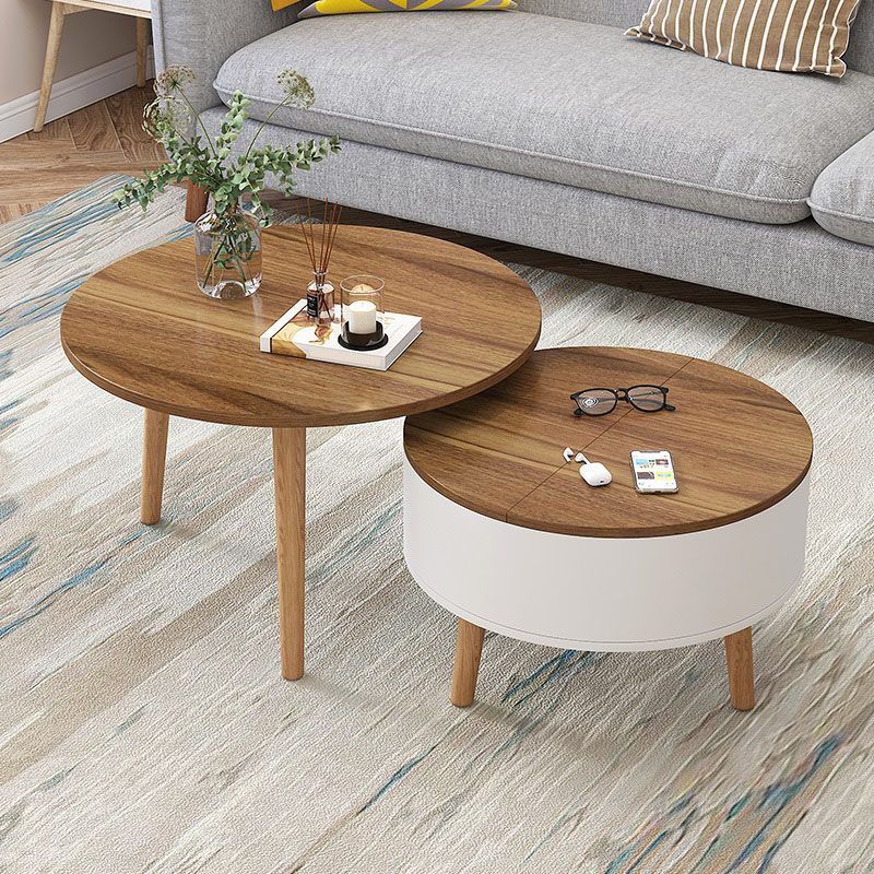 Round Solid Wood 3 Legs Coffee Table with Storage Drawers Modern Cocktail Table