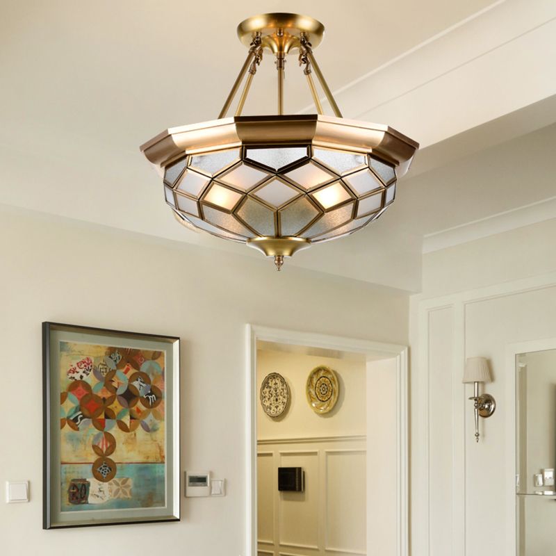 Colonial Dome Ceiling Light Fixture 4 Bulbs Seeded Glass Semi Mount Lighting in Brass for Dining Room