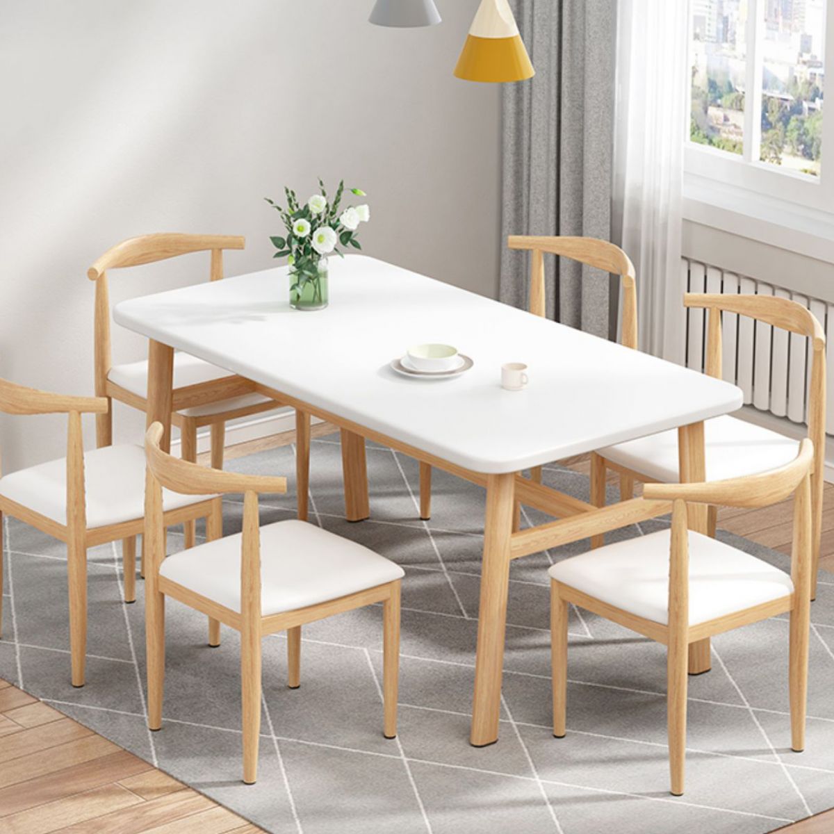 Contemporary Rectangular Wooden Dining Table with Stainless Steel Trestle