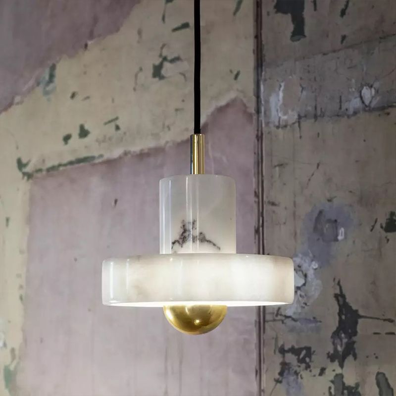 Minimalist Pot-Lid Pendulum Light Marble 1-Bulb Dining Room Suspension Pendant in White and Brass