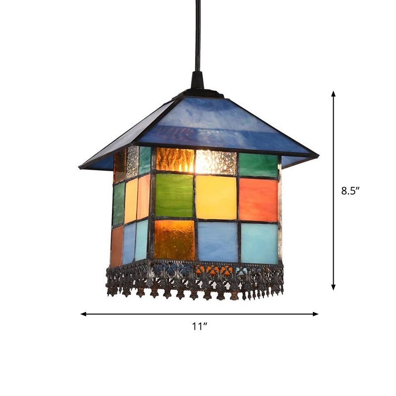 1-Light Suspension Lighting Vintage Stained Glass House Shade Pendant Ceiling Light