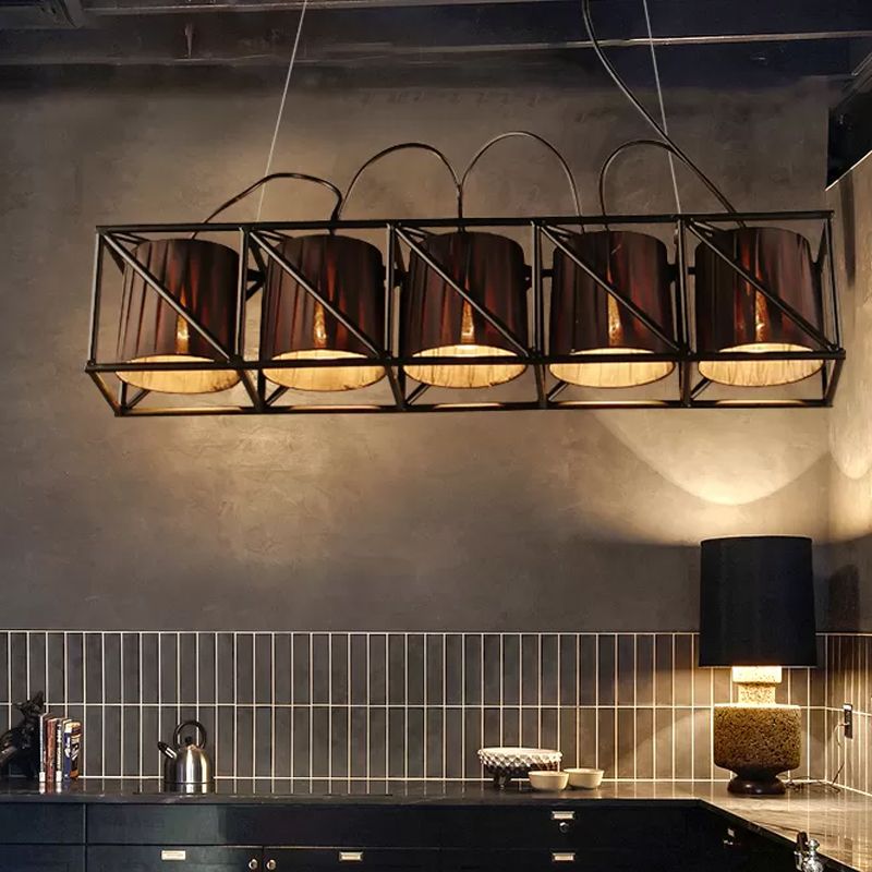 5-Light Barrel Island Lighting Traditional Black Fabric Suspension Pendant for Restaurant