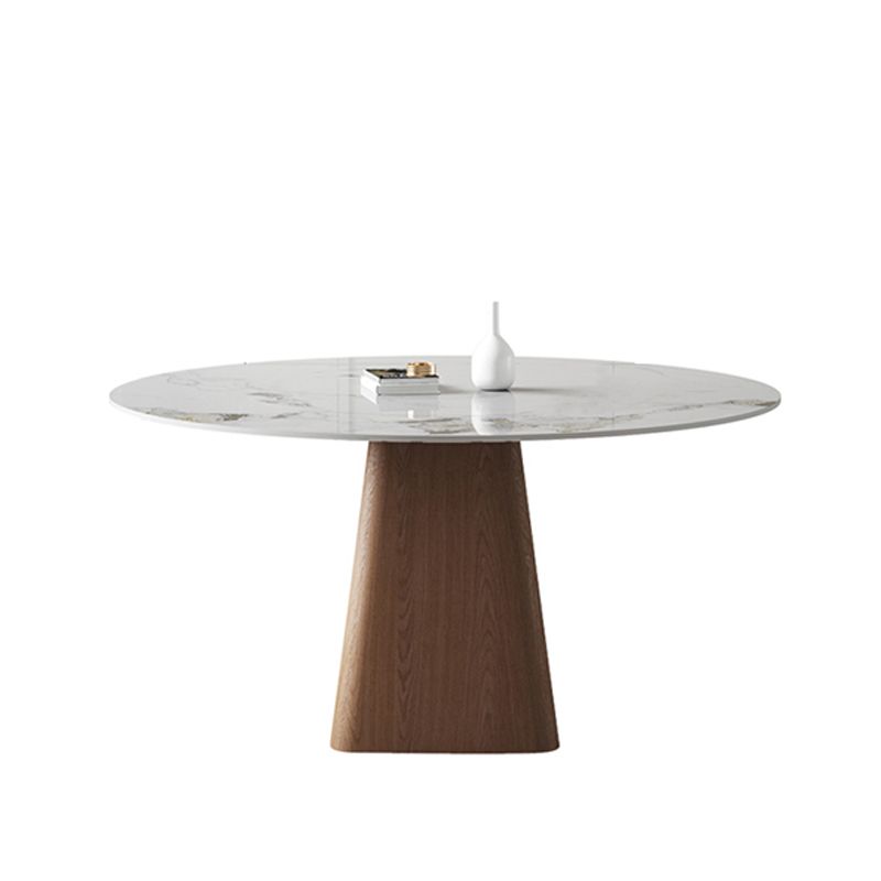 Modern Stone White Dining Table Round Furniture with Solid Wood Pedestal Base