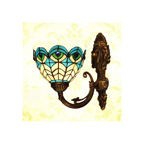 Scalloped Wall Sconce Light with Peacock Stained Glass 1 Bulb Tiffany Wall Lighting