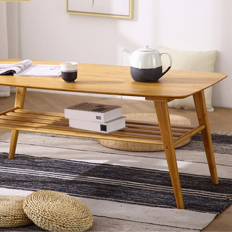 Nordic Style Rectangular Solid Wood Table 4 Legs Base with Storage Rack Coffee Table