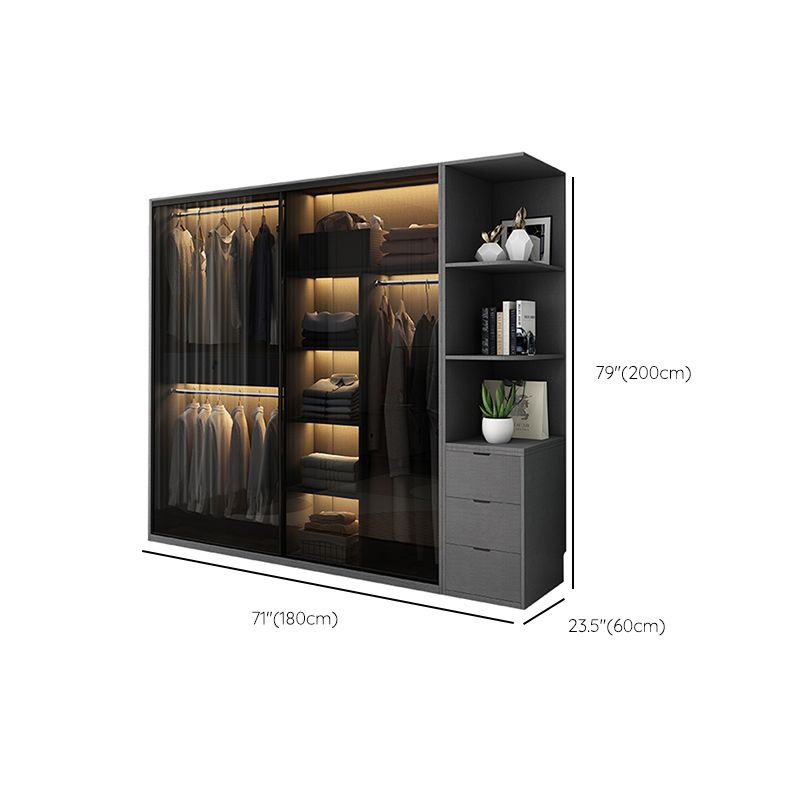 Glass and Wood Wardrobe Cabinet with Drawer Grey Wardrobe Closet