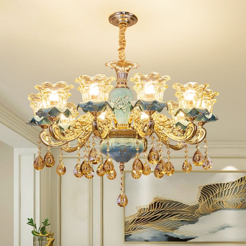 Handblown Glass Blue Chandelier Light Ruffle Flower Retro Pendant Light with Crystal Draping