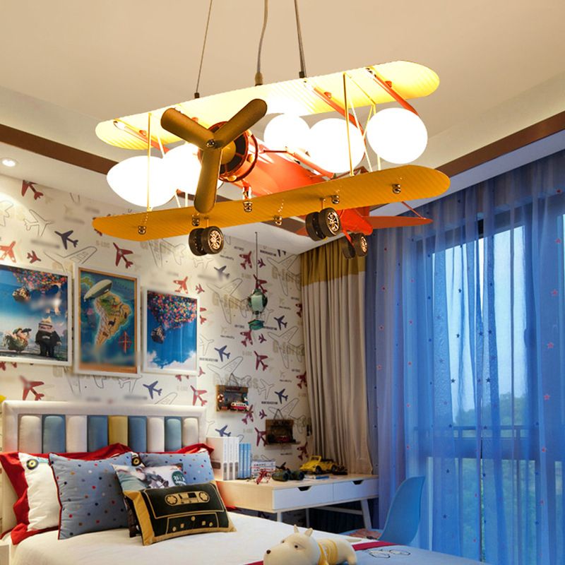 Yellow Plane Shaped LED Ceiling Lighting Cartoon Metal Chandelier Light Fixture with Frosted Glass Shade