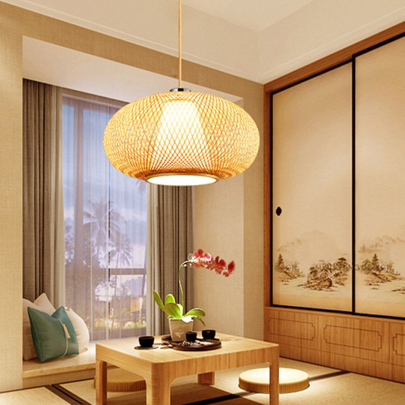 Bamboo Lantern Pendant Lighting Fixture Modern Suspension Pendant Light in Beige