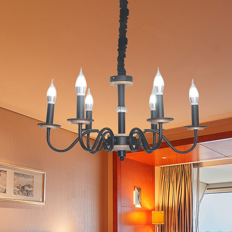 Vintage Candle Shape Pendant Chandelier 6 Heads Metallic Swooping Arm Suspension Lighting in Black for Living Room