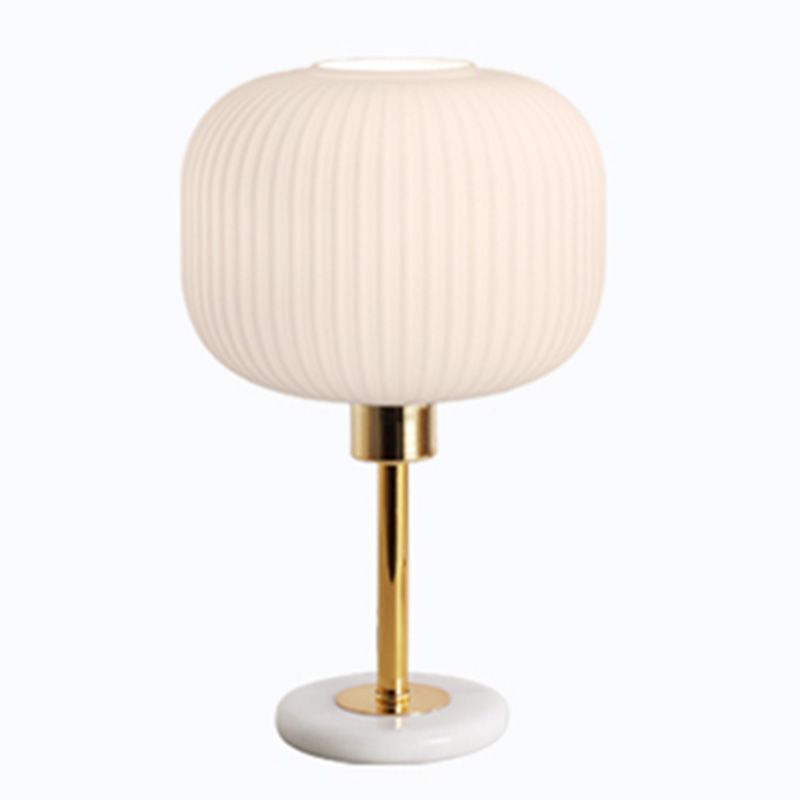 White Ribbed Glass Drum Shade Night Lamp Minimalist 1 Bulb Gold Table Light with Marble Base