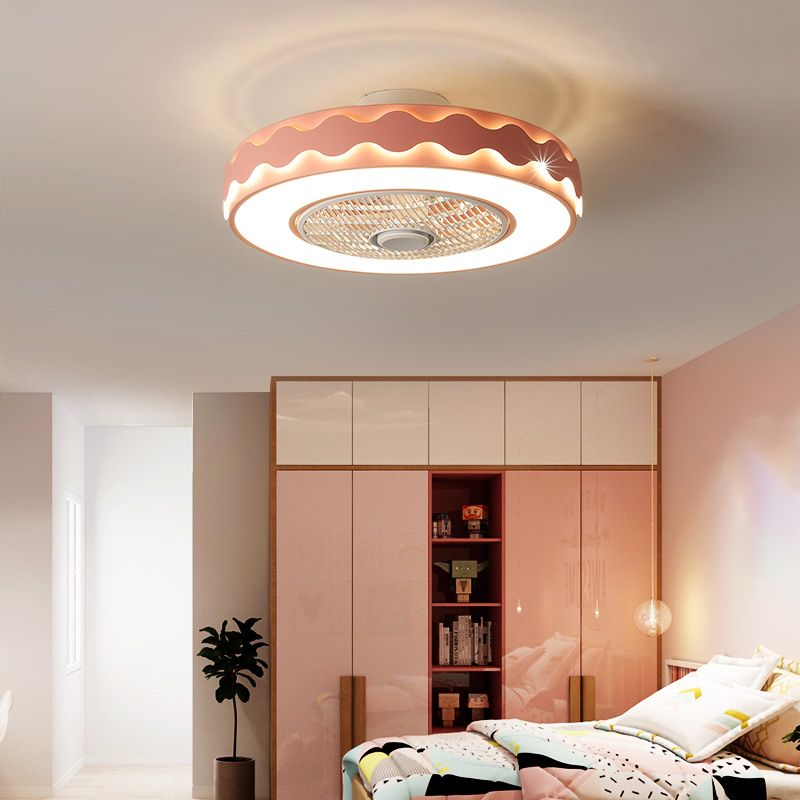 Macaron Drum Shaped Ceiling Fan Metal Child Bedroom LED Semi Flush Light