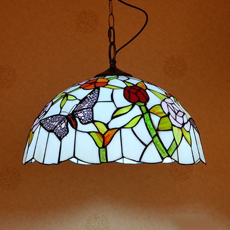 White/Red 1 Light Pendant Light Fixture Mediterranean Stained Glass Butterfly Hanging Lamp Kit
