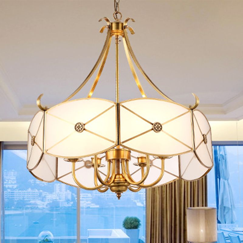 4 Lights Chandelier Pendant Light Colonial Scalloped White Glass Suspension Lamp for Dining Room