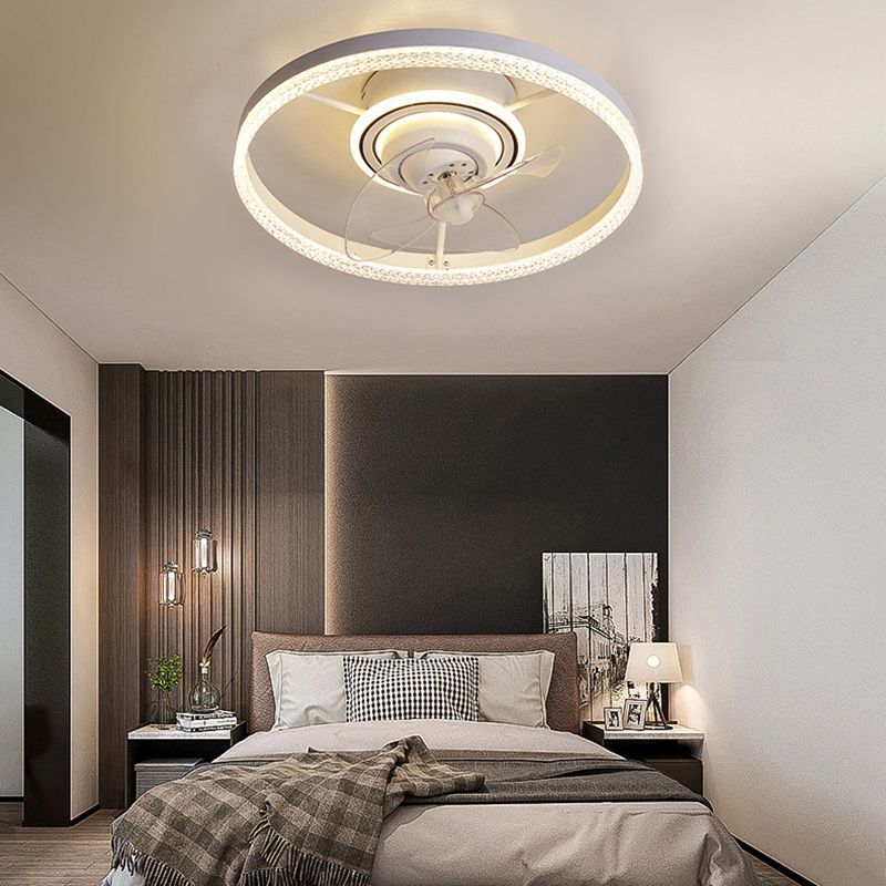 White Round Ceiling Fan 360 Degree Rotatable Minimalist Semi Flush Mount Light