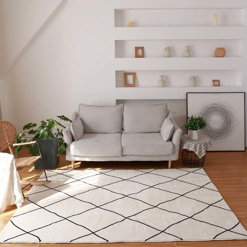 White Modern Rug Polyester Line Rug Stain Resistant Rug for Home Decor